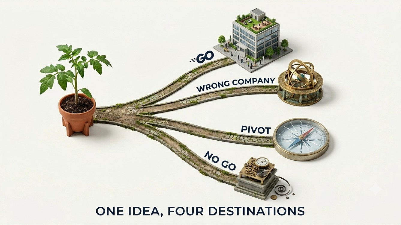 A potted seedling with four diverging paths labeled GO, WRONG COMPANY, PIVOT, and NO GO, captioned "One idea, four destinations."