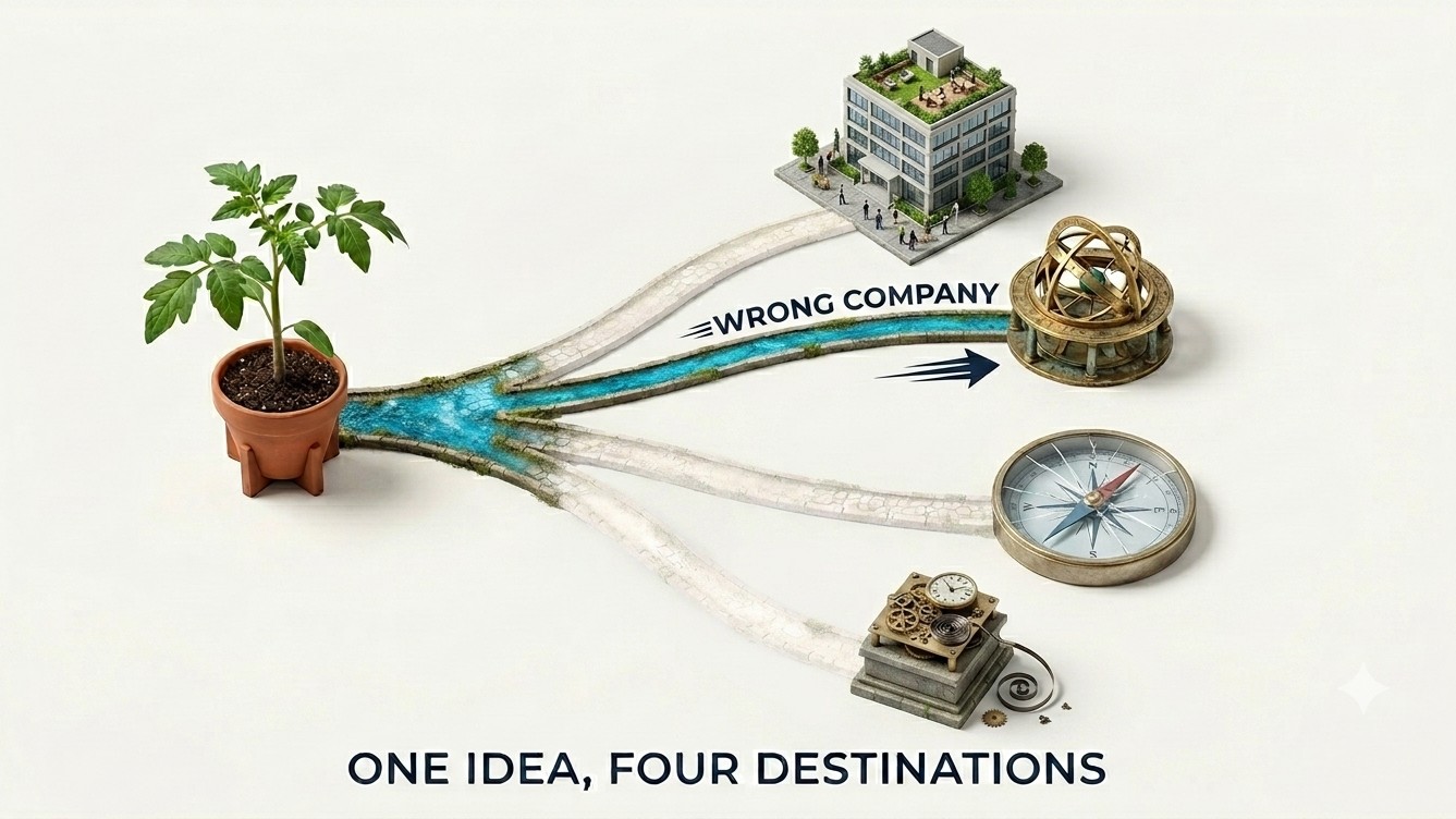 Illustration of a potted seedling with four paths branching toward a building, an armillary sphere, a compass, and a clock, labeled Wrong Company and One Idea, Four Destinations, representing the four forward paths for a venture that gets a WRONG
