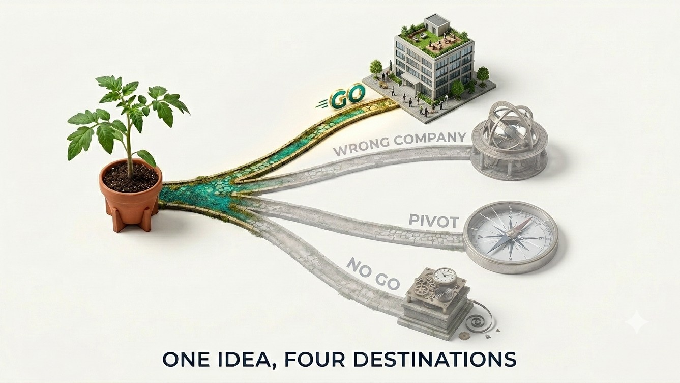 IA potted seedling with four diverging paths; the GO path glows green and gold while WRONG COMPANY, PIVOT, and NO GO fade to gray.