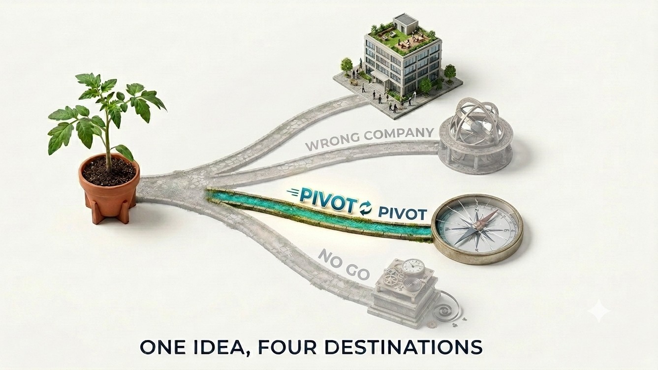 Isometric illustration showing a seedling branching into four diverging paths labeled PIVOT (highlighted in green), WRONG COMPANY, and NO GO, with symbolic objects representing different business outcomes. Text reads "ONE IDEA, FOUR DESTINATIONS."